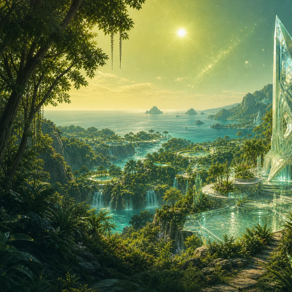 Warm green Essassani coast with ocean, living gardens, and grown crystal
